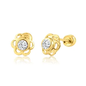 14E00178. - 14 Karat Yellow Gold Flower Screw Back Earring
