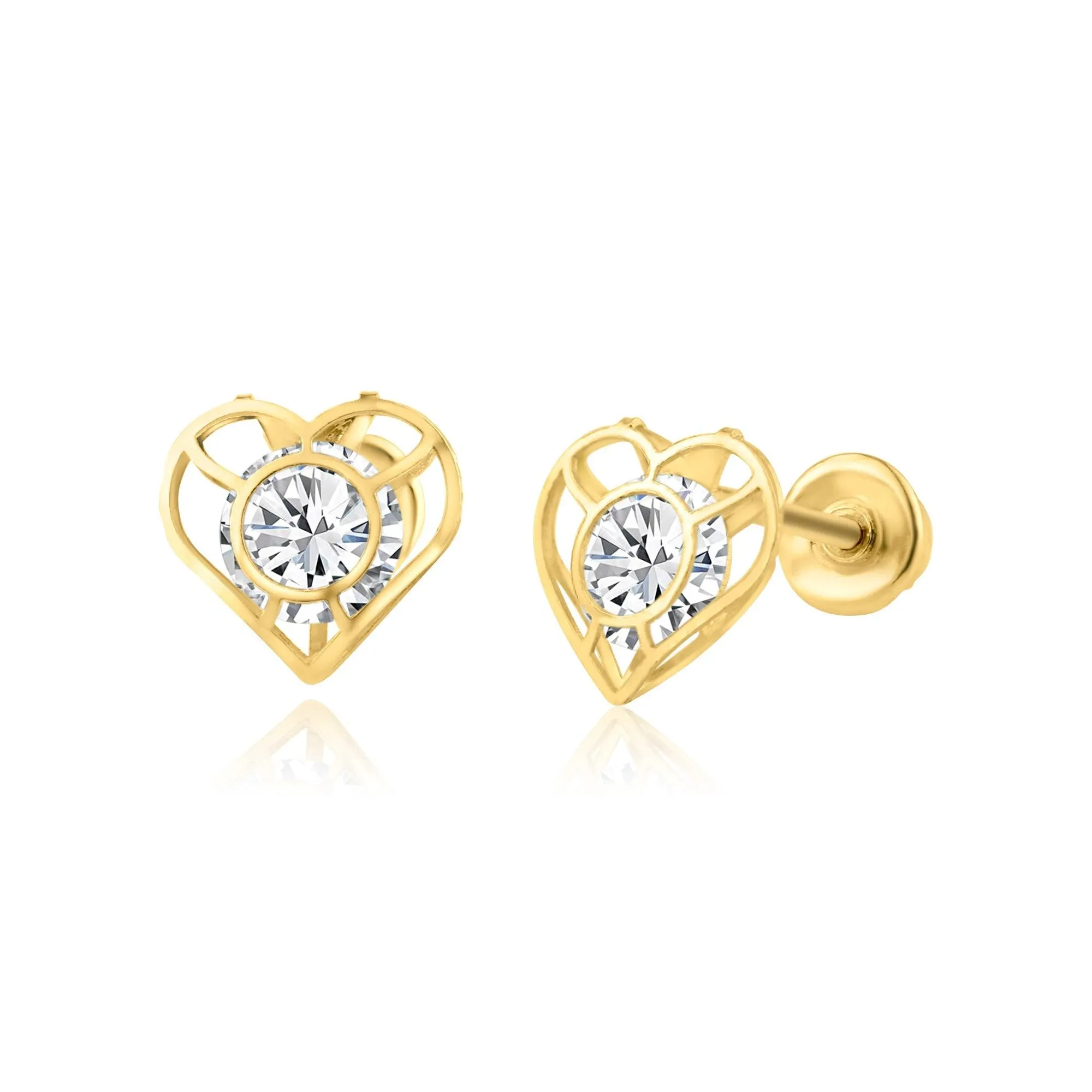 14E00203. - 14 Karat Yellow Gold CZ Open Heart Screw Back Earring