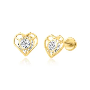 14E00203. - 14 Karat Yellow Gold CZ Open Heart Screw Back Earring