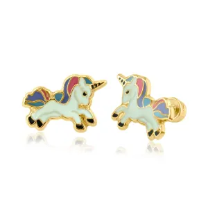 14E00210. - 14 Karat Yellow Gold Enamel Color Unicorn Screw Back Earring