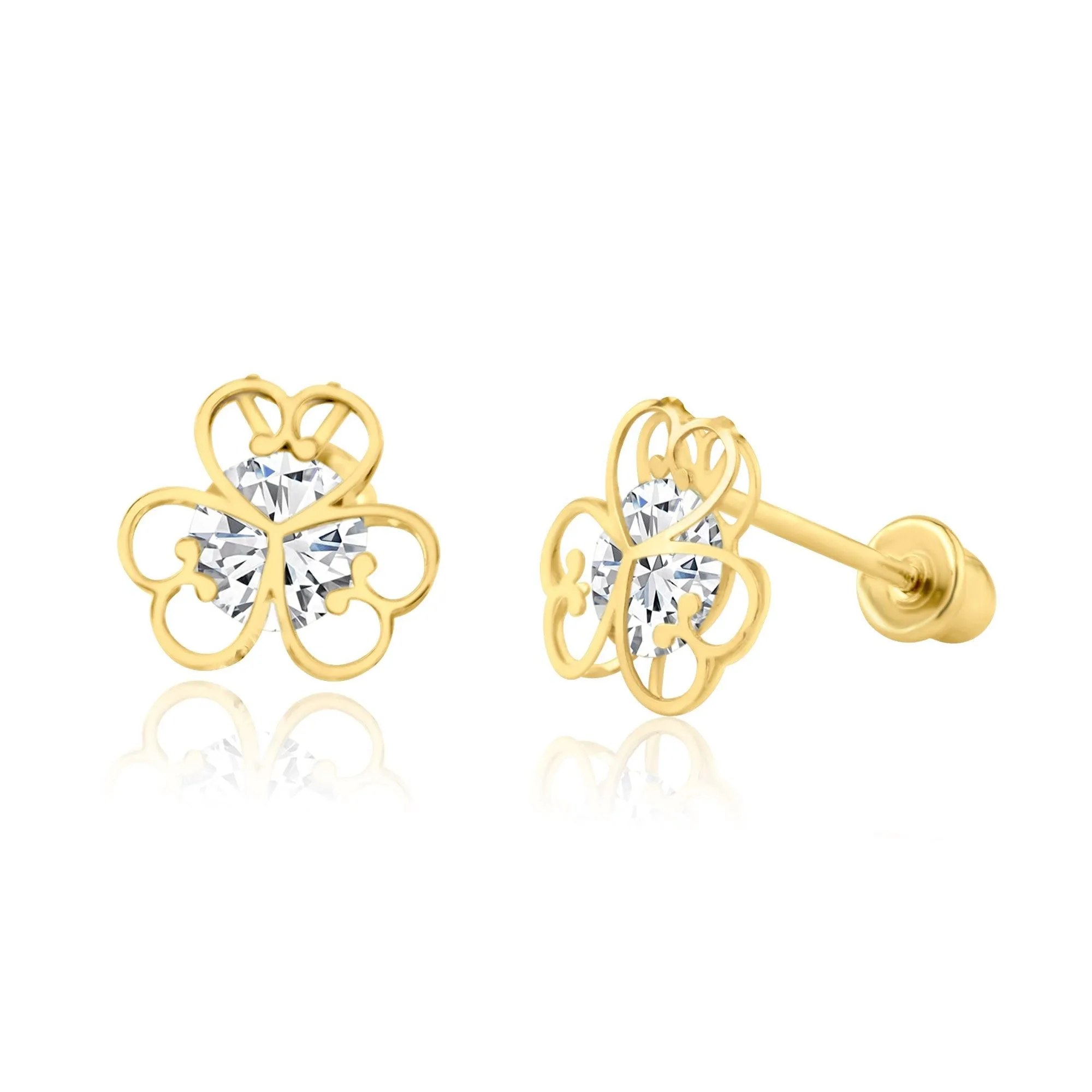 14E00215. - 14 Karat Yellow Gold CZ Open Flower Screw Back Earring