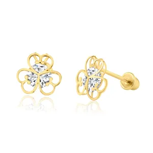 14E00215. - 14 Karat Yellow Gold CZ Open Flower Screw Back Earring