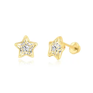 14E00220. - 14 Karat Yellow Gold CZ Star Screw Back Earring