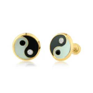14E00229. - 14 Karat Yellow Gold YinYang Enamel Screw Back Earring