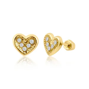 14E00240. - 14 Karat Yellow Gold Clear Heart Stud Screw Back Earring