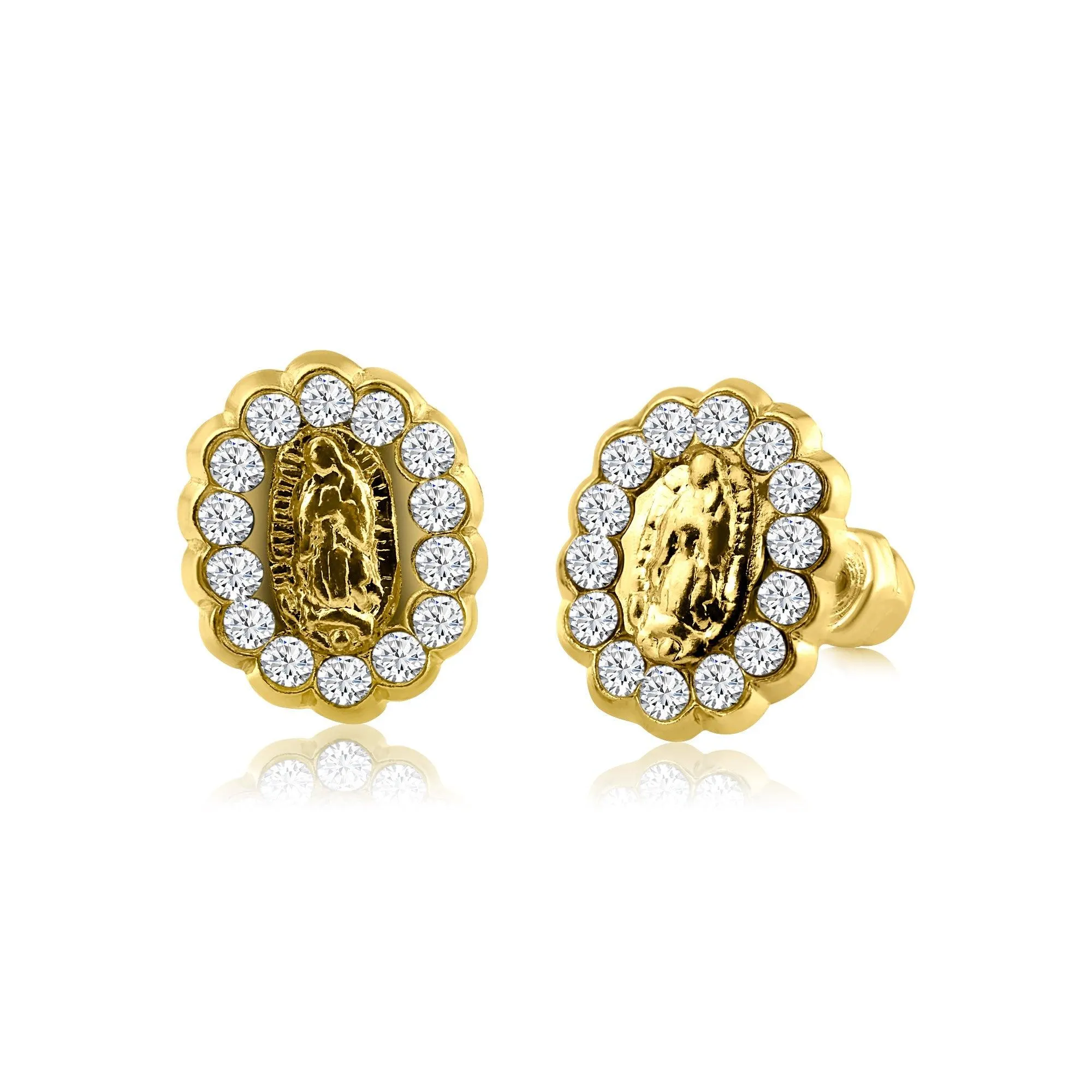 14E00249. - 14 Karat Yellow Gold CZ Lady of Guadalupe Screw Back Earring