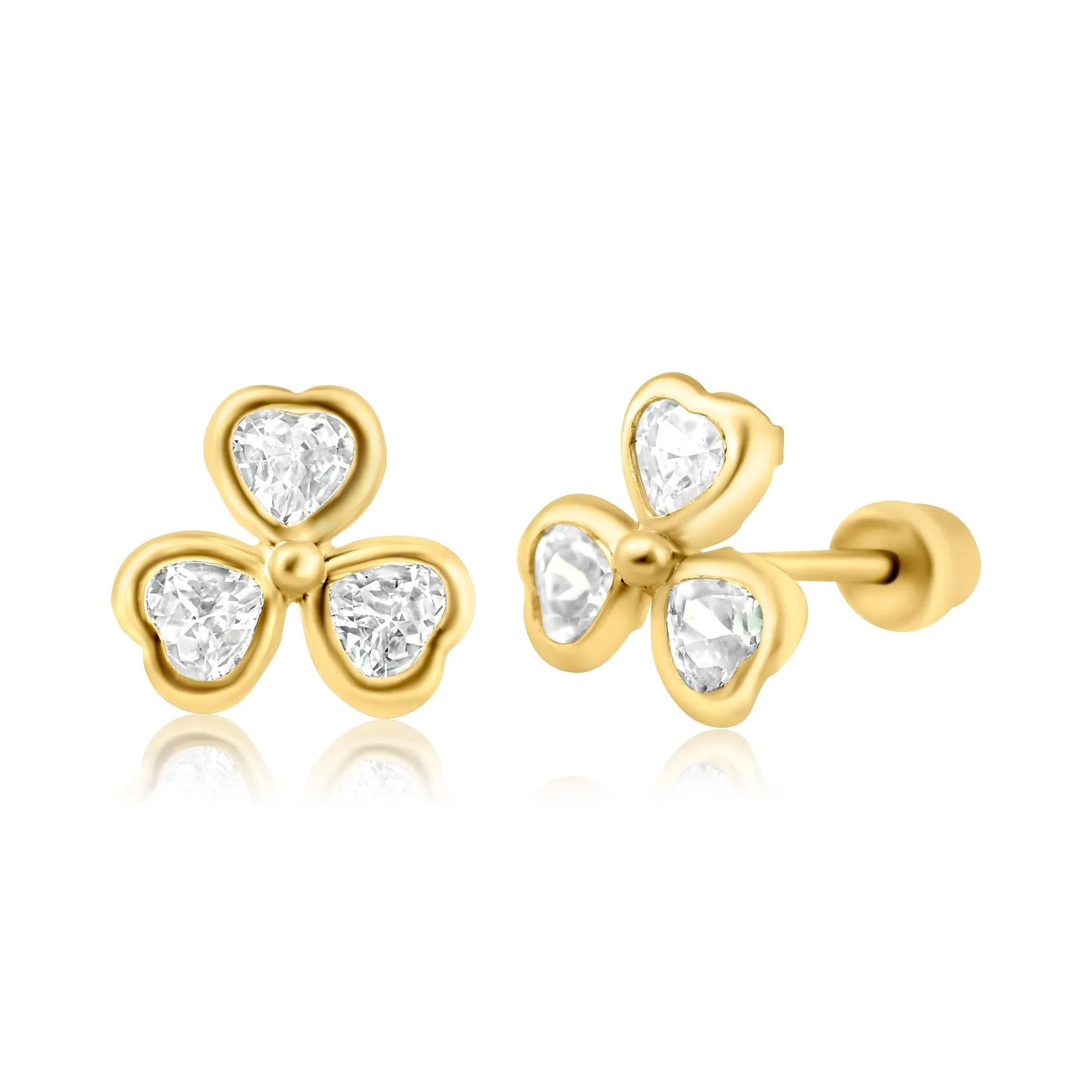 14E00273. - 14 Karat Yellow Gold Clover Heart Screw Back Earring