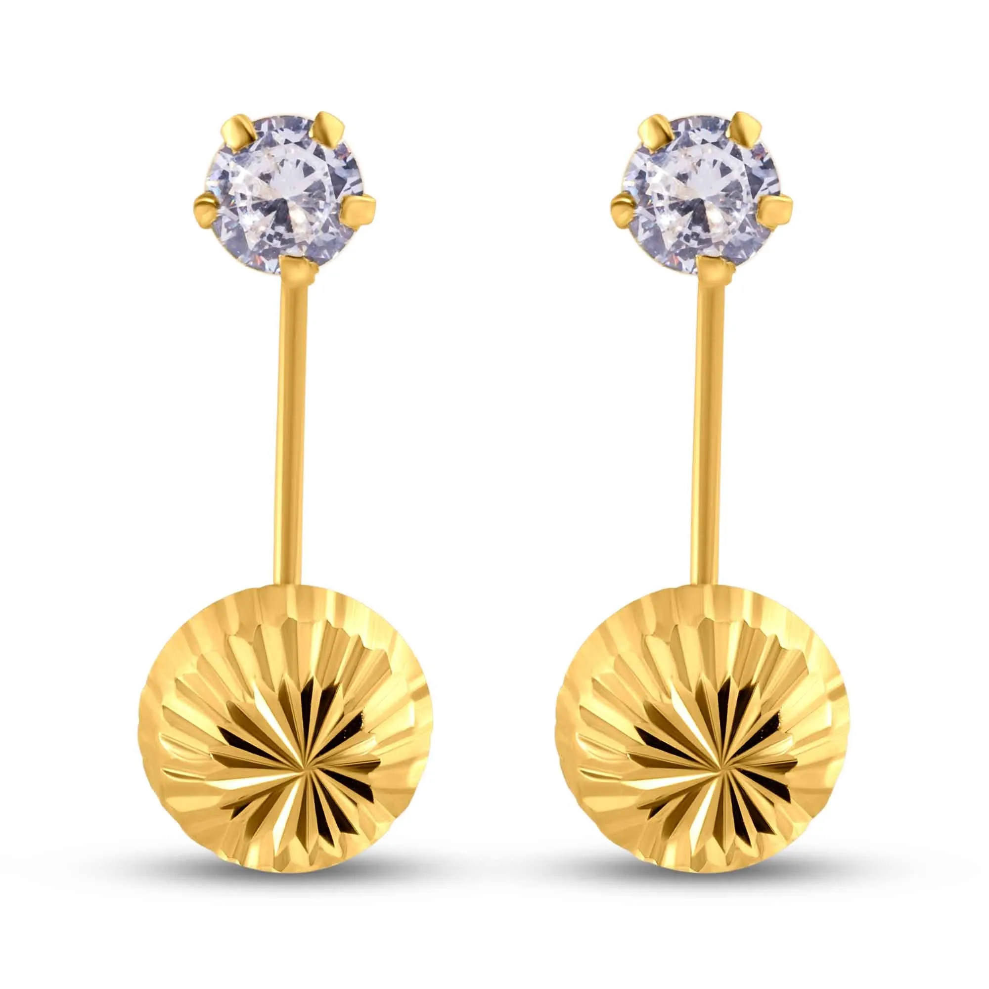 14E00348. - 14 Karat Yellow Gold Diamond Cut Clear CZ Telephone Style 4mm Front Screw Lock Earrings