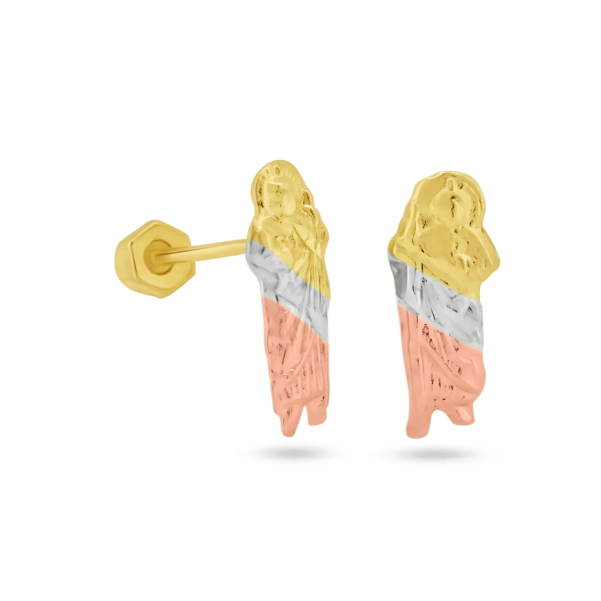 14E00349. - 14 Karat Yellow Gold Three Tone St Jude Screw Back Earring