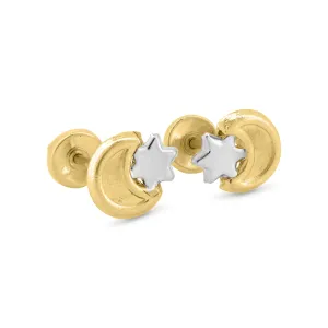 14E00389. - 14 Karat Yellow Gold Moon and Star Screw Back Earrings