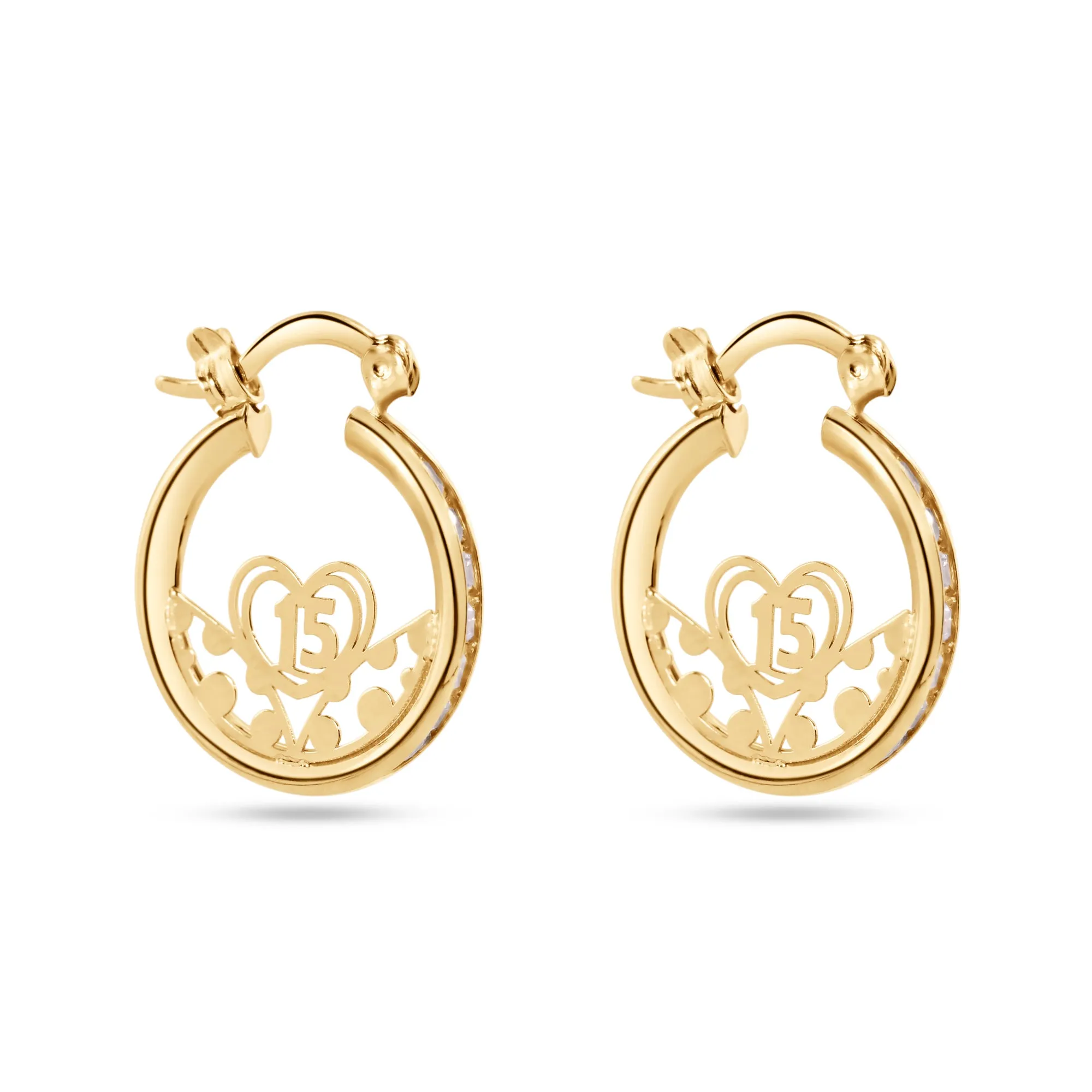 14E00416. - 14 Karat Yellow Gold 18mm Quinceaera Clear CZ Hoop Earrings