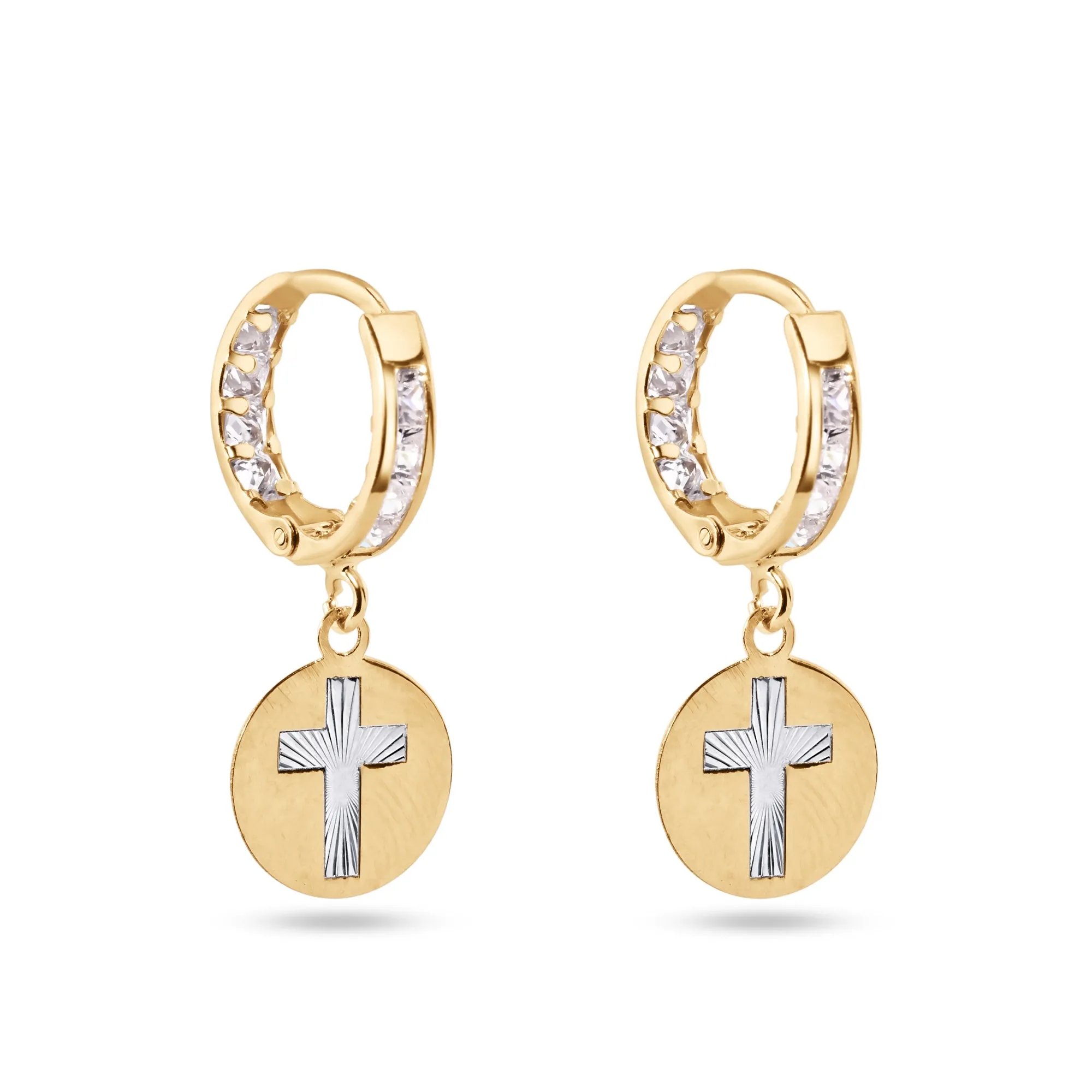 14E00419. - 14 Karat Yellow Gold Dangling Cross Clear CZ 12mm Hoop Earrings