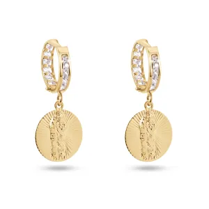 14E00420. - 14 Karat Yellow Gold Diamond Cut Dangling Saint Jude Clear CZ 12mm Hoop Earrings