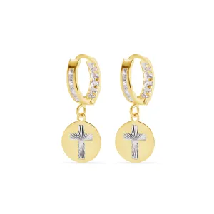 14E00454. - 14 Karat Yellow Gold 11.5mm Hoop Studded Clear CZ Diamond Cut Cross Latch Box Earrings