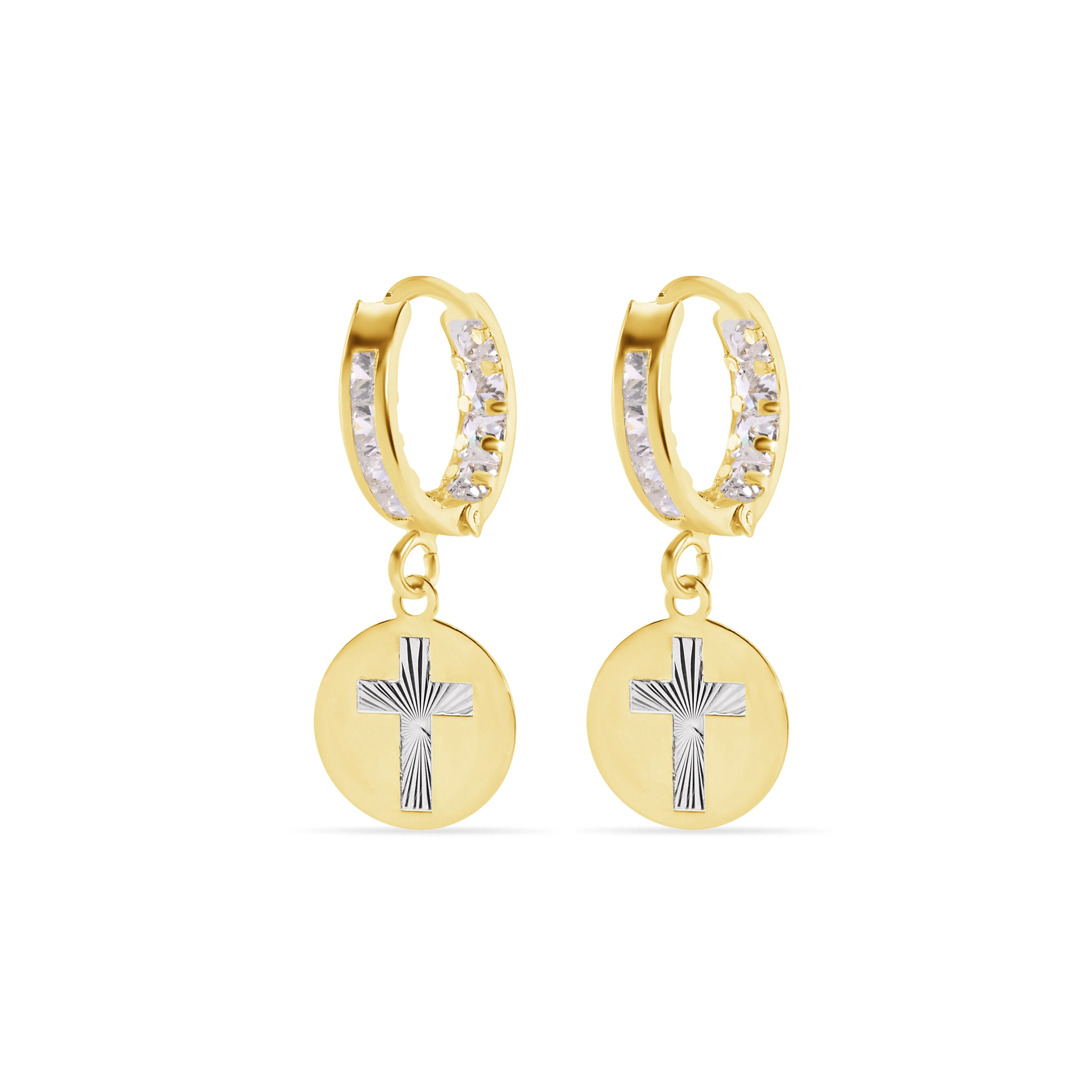 14E00454. - 14 Karat Yellow Gold 11.5mm Hoop Studded Clear CZ Diamond Cut Cross Latch Box Earrings