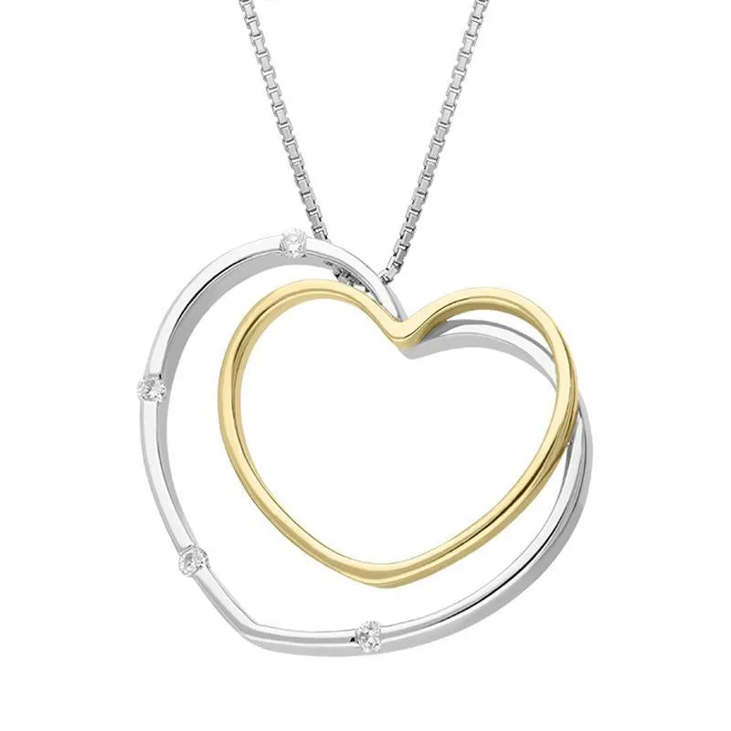 18ct White And Yellow Gold Diamond Double Heart Necklace