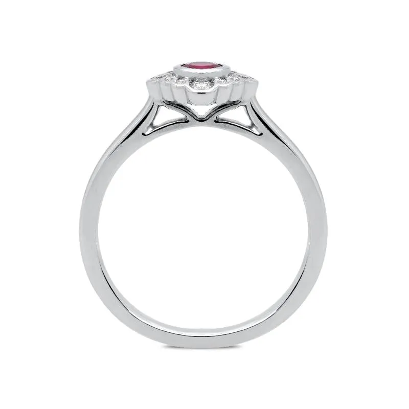 18ct White Gold 0.29ct Ruby Diamond Round Cut Cluster Ring