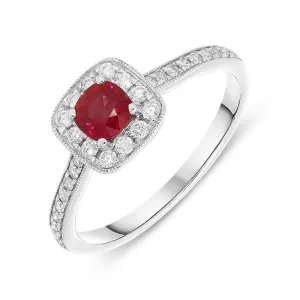 18ct White Gold 0.49ct Ruby Diamond Cushion Ring