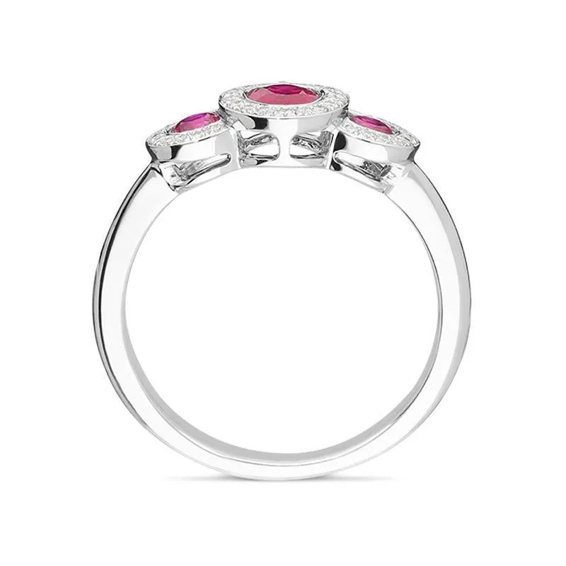 18ct White Gold 0.67ct Ruby Diamond Trilogy Cluster Ring