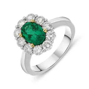 18ct White Gold 1.35ct Emerald Diamond Oval Cluster Ring