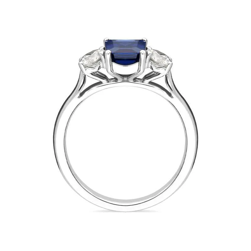 18ct White Gold 1.39ct Sapphire 0.66ct Diamond Emerald Cut Trilogy Ring