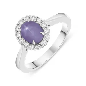 18ct White Gold 2.20ct Star Sapphire and Diamond Cluster Ring