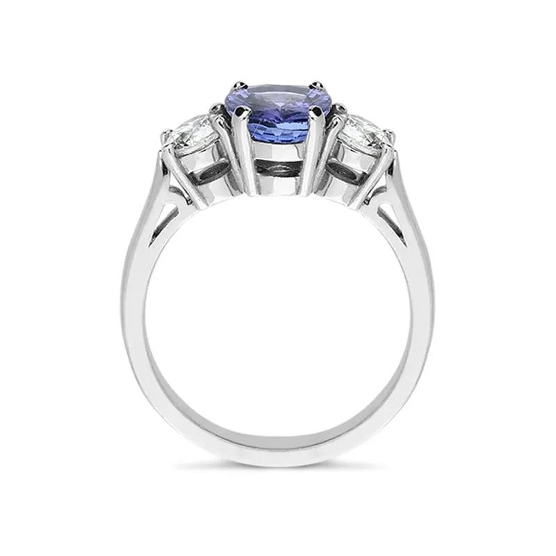 18ct White Gold 3.49ct Tanzanite Diamond Oval Cut Trilogy Ring D