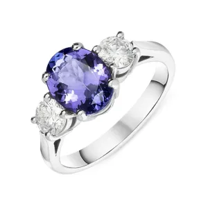 18ct White Gold 3.49ct Tanzanite Diamond Oval Cut Trilogy Ring D