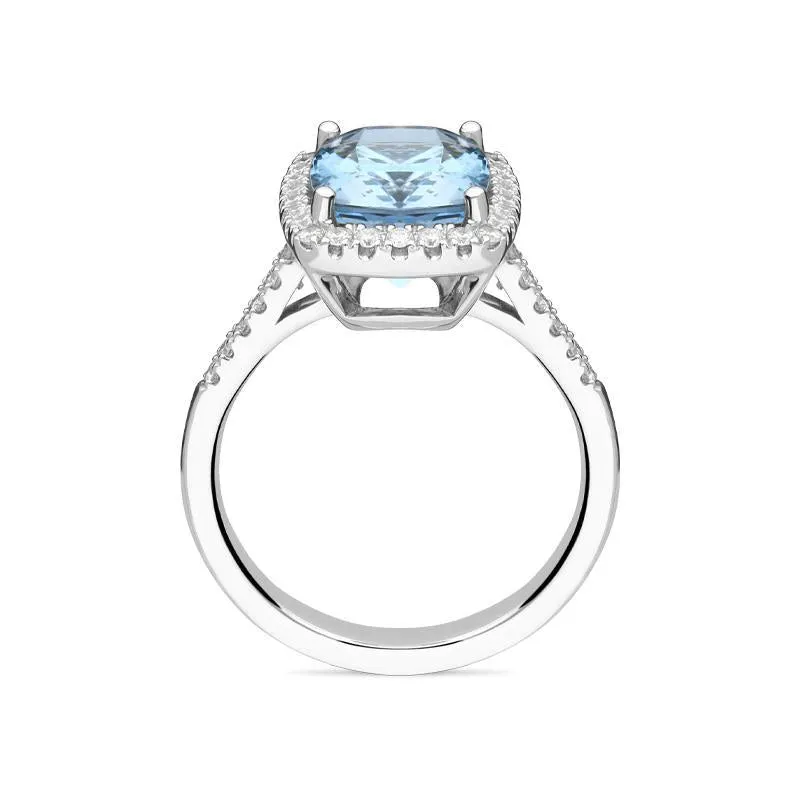 18ct White Gold 3.93ct Aquamarine 0.33ct Diamond Cushion Cut Ring