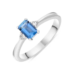 18ct White Gold Aquamarine Diamond Emerald Cut Three Stone Ring