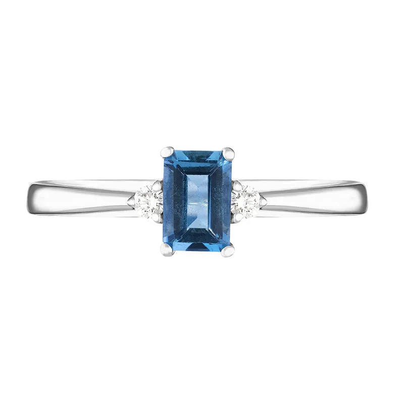 18ct White Gold Aquamarine Diamond Emerald Cut Three Stone Ring