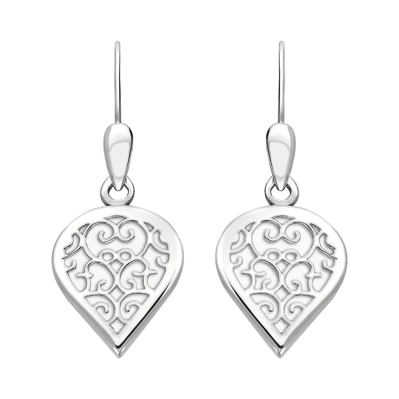 18ct White Gold Bauxite Flore Filigree Heart Drop Earrings