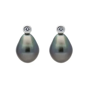 18ct White Gold Black Pearl Diamond Stud Earrings