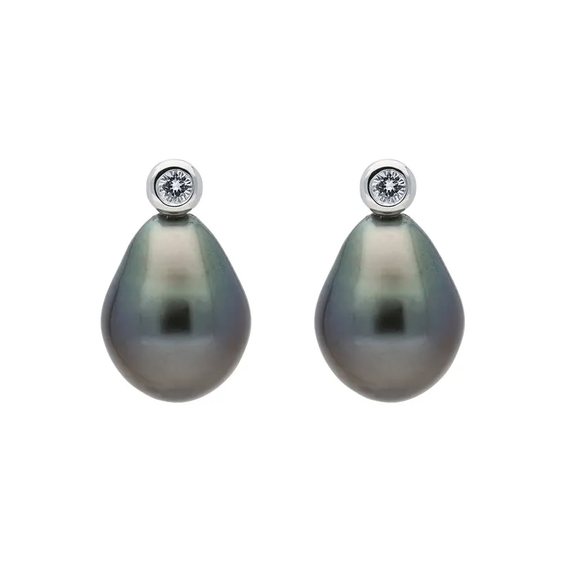 18ct White Gold Black Pearl Diamond Stud Earrings