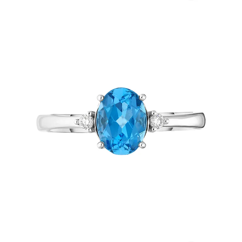 18ct White Gold Blue Topaz Diamond Oval Cut Three Stone Ring