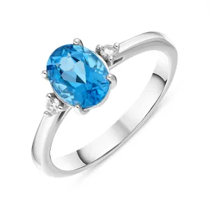 18ct White Gold Blue Topaz Diamond Oval Cut Three Stone Ring