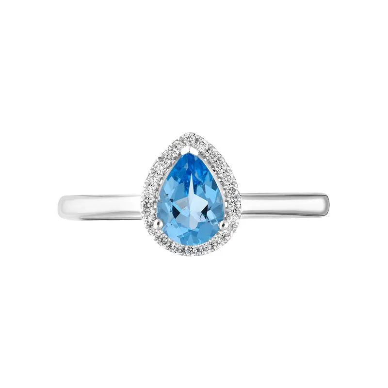 18ct White Gold Blue Topaz Diamond Pear Cut Halo Ring