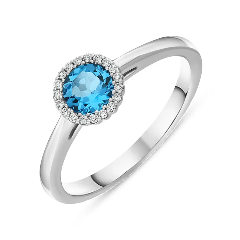 18ct White Gold Blue Topaz Diamond Round Cut Cluster Ring