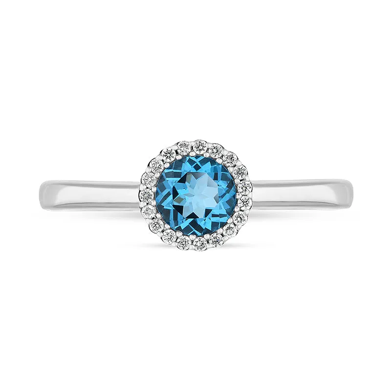 18ct White Gold Blue Topaz Diamond Round Cut Cluster Ring