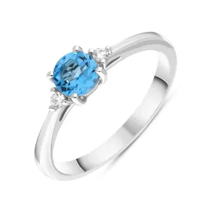 18ct White Gold Blue Topaz Diamond Round Cut Three Stone Ring