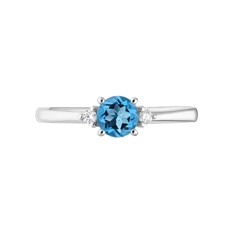 18ct White Gold Blue Topaz Diamond Round Cut Three Stone Ring
