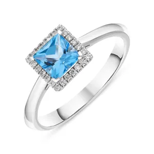 18ct White Gold Blue Topaz Diamond Square Halo Ring