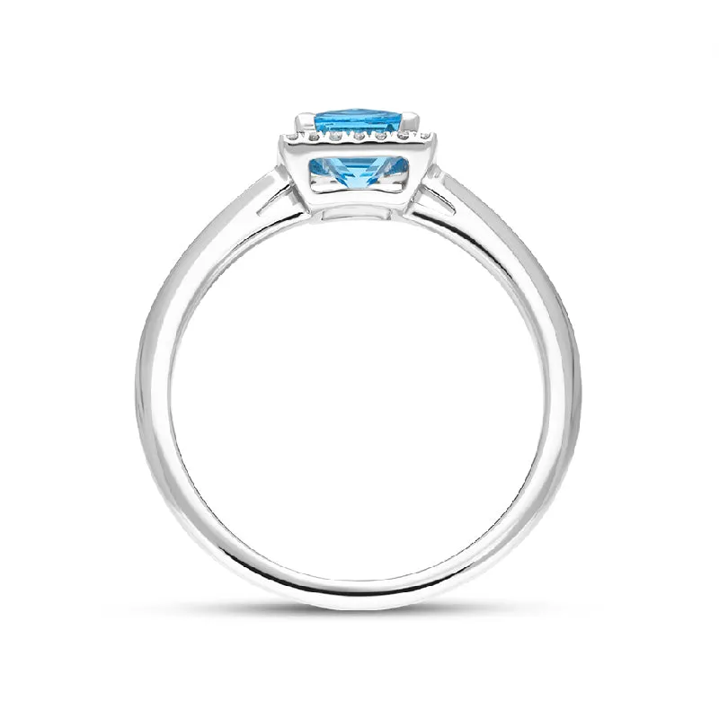 18ct White Gold Blue Topaz Diamond Square Halo Ring