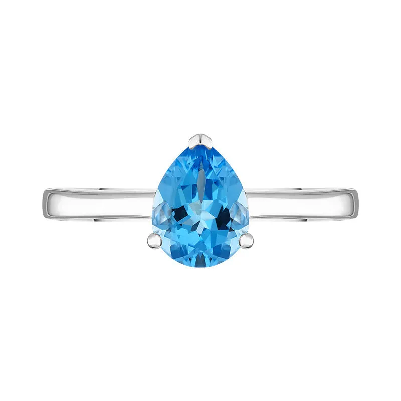 18ct White Gold Blue Topaz Pear Cut Solitaire Ring