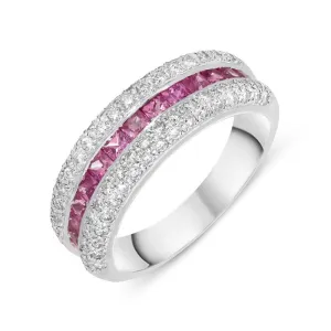 18ct White Gold Diamond Pink Sapphire Three Row Ring