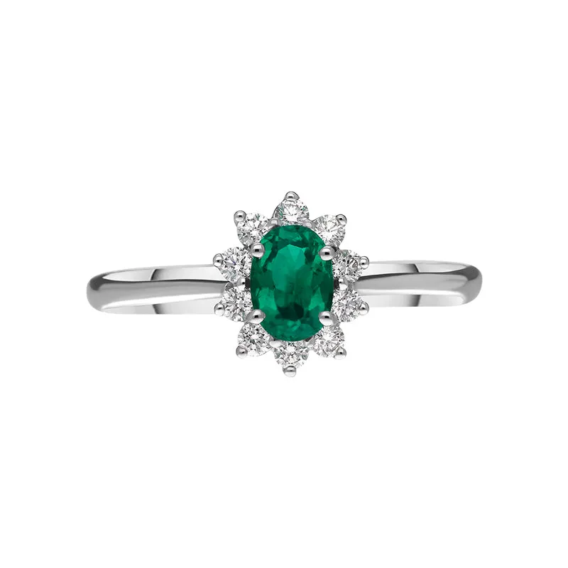 18ct White Gold Emerald Diamond Oval Cluster Ring