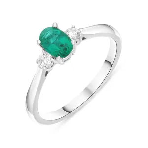 18ct White Gold Emerald Diamond Three Stone Oval Cut Ring D