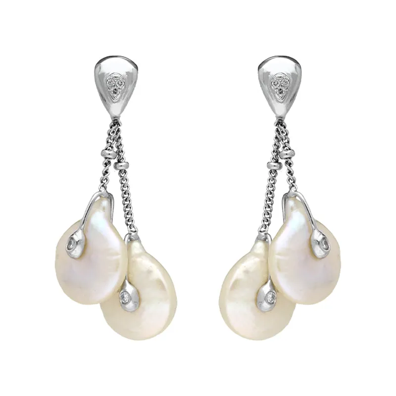18ct White Gold Pearl Diamond Double Drop Earrings
