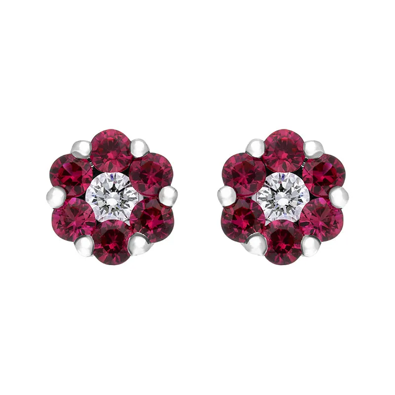 18ct White Gold Ruby Diamond Cluster Stud Earrings