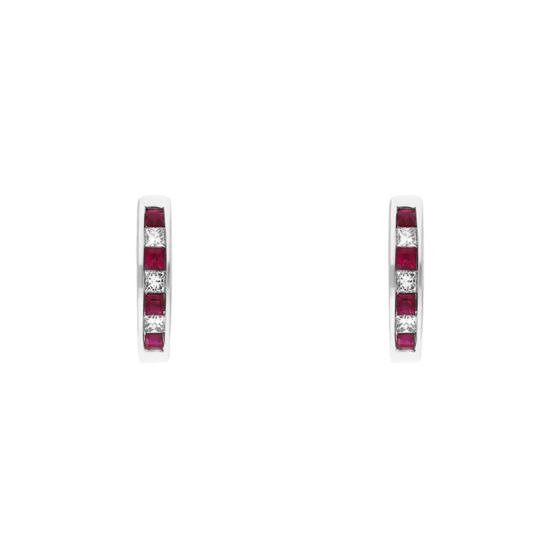 18ct White Gold Ruby Diamond Princess Cut Hoop Earrings